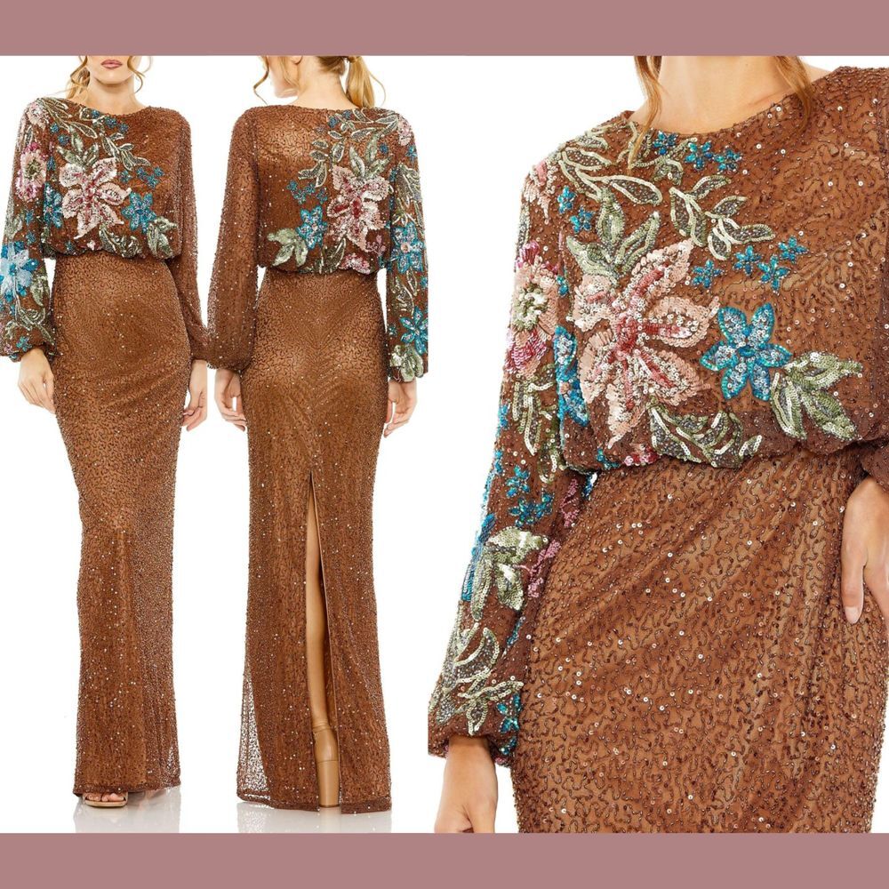NEW Mac Duggal [‎ 18 ] 5615 Embellished Multicolor Floral High Neck Gown Mocha